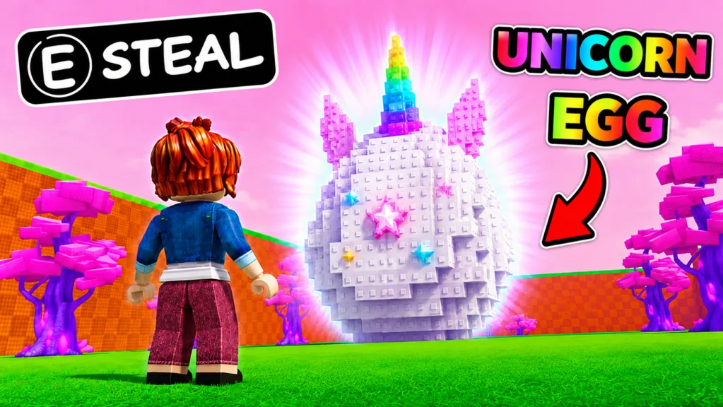 A giant white Unicorn Egg with a rainbow horn in the official game imagery
